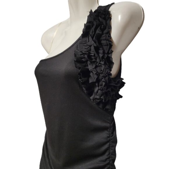 ONE Shoulder Body Con Black Dress Mini Ruched Ruffle  Size L - Picture 4 of 10